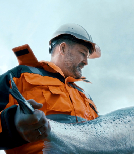 Man wearing a hard hat while holding a fish